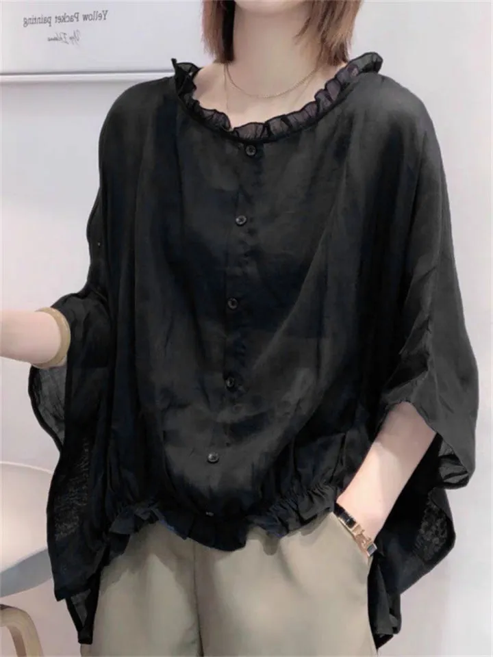 Lightweight Women's Ruffled Trim Batwing Sleeve Shirt